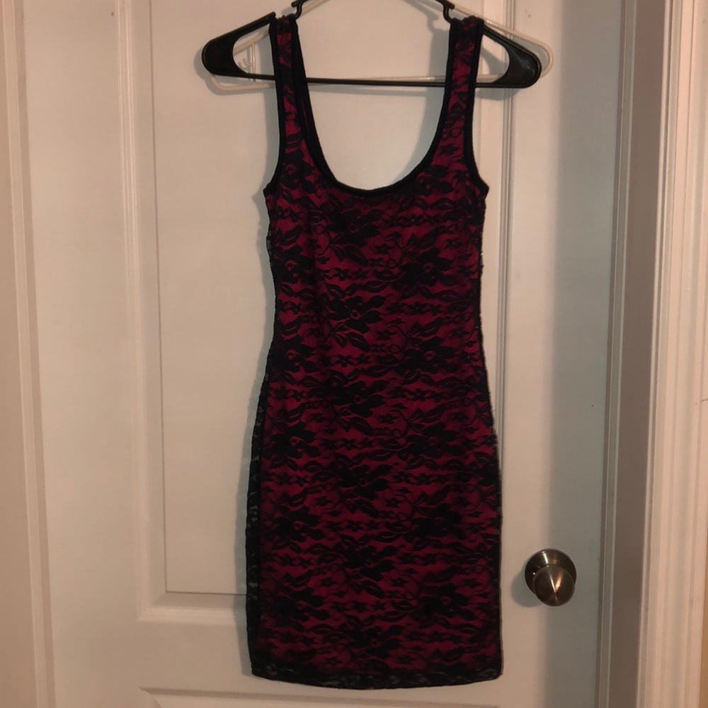 Lace Rose Navy Blue & Pink Mini Dress